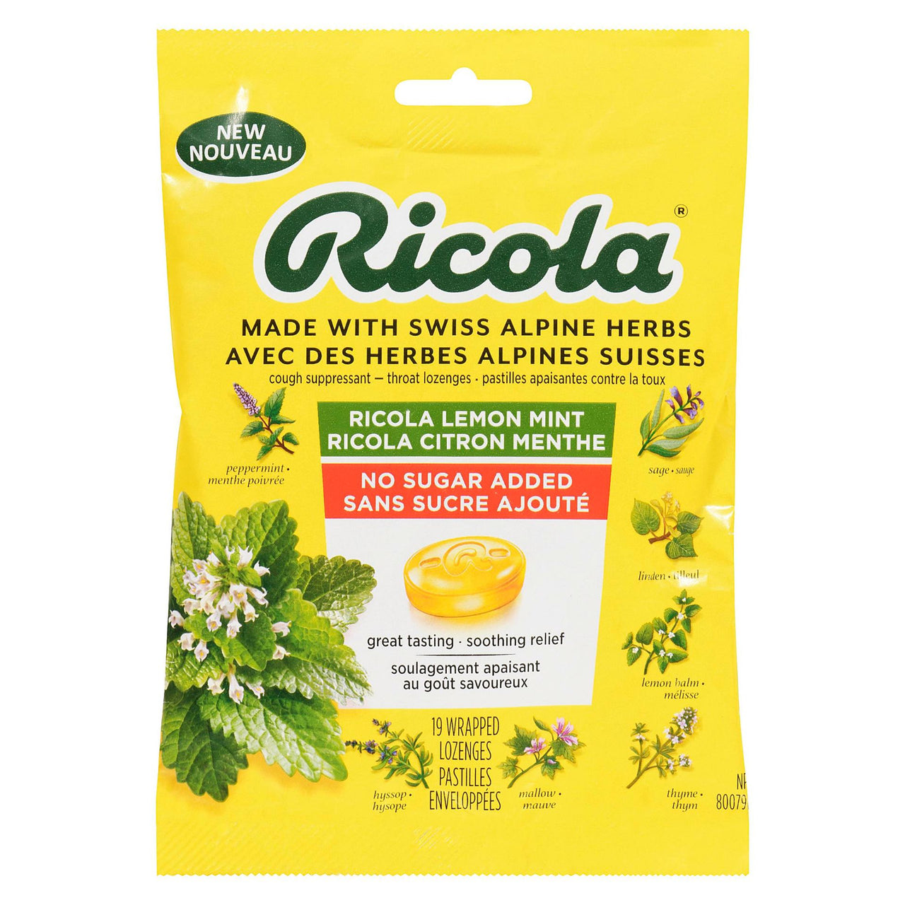 Ricola Lemon Mint No Sugar Cough Drops Peg Bag 19ct - Case of 12