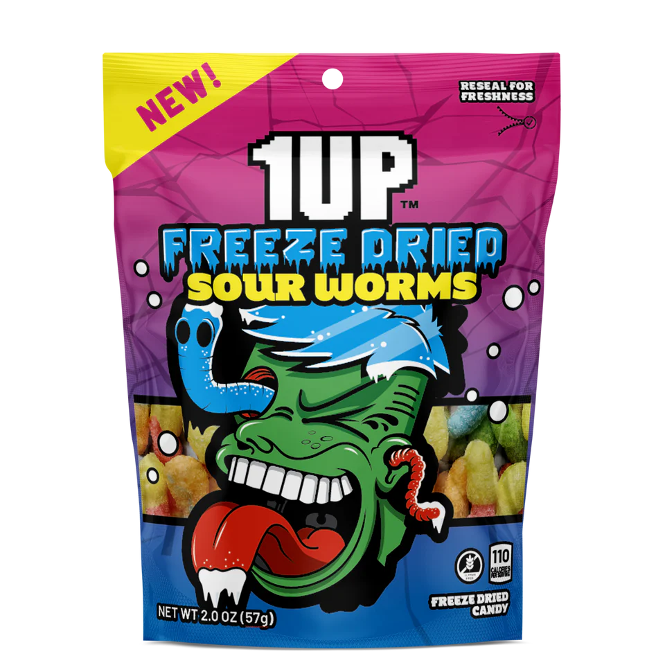 1Up Freeze Dried Sour Worms 57g - Case of 10