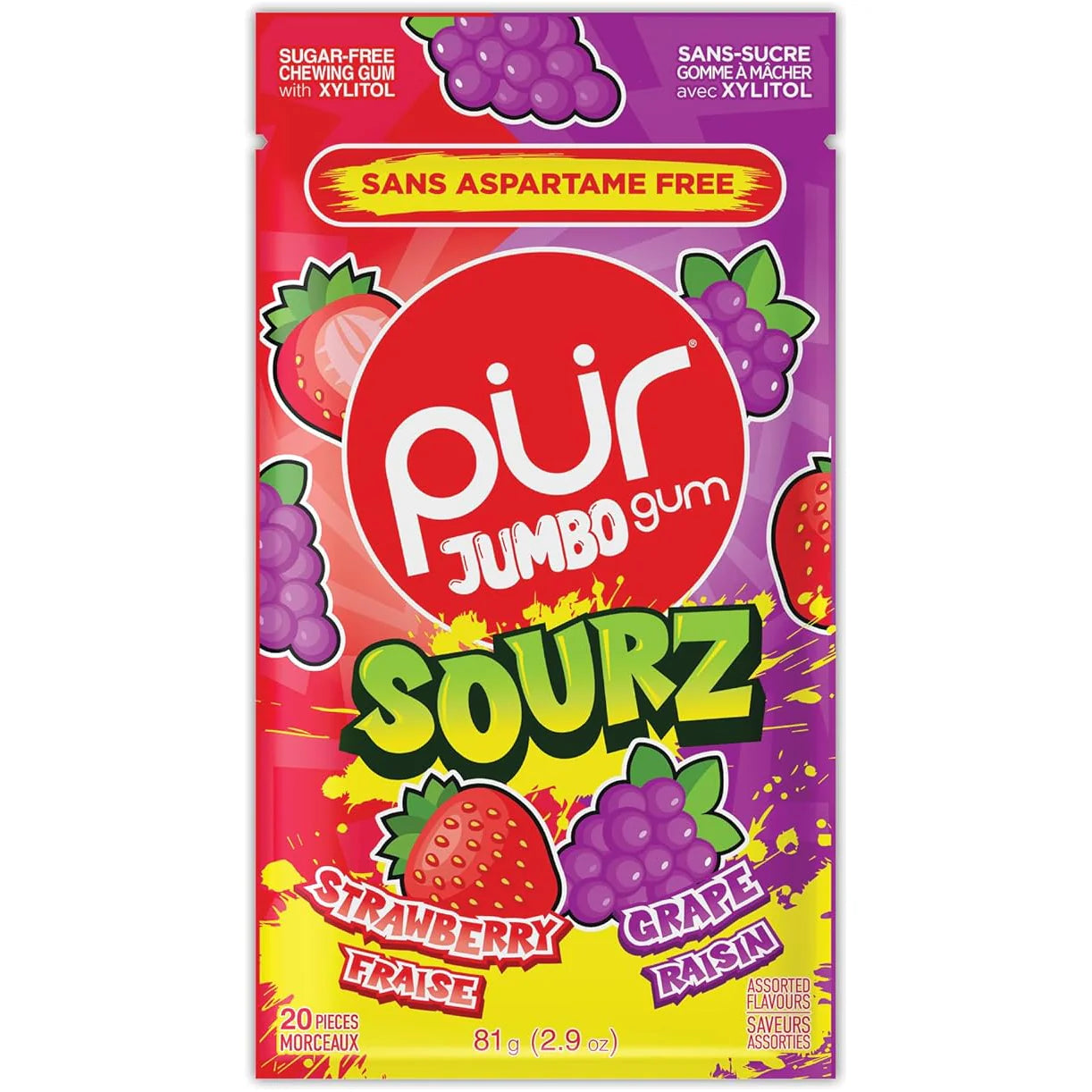 Pur Jumbo Gum Sourz Strawberry Grape 20pcs - Case of 12