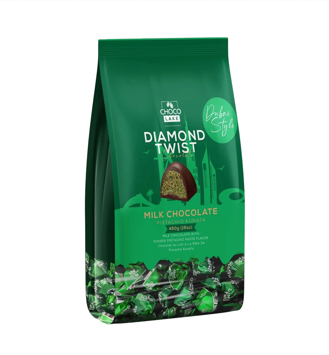Choco Lake Diamond Twist Milk Chocolate Pistachio Kunafa 450g - Case of 12